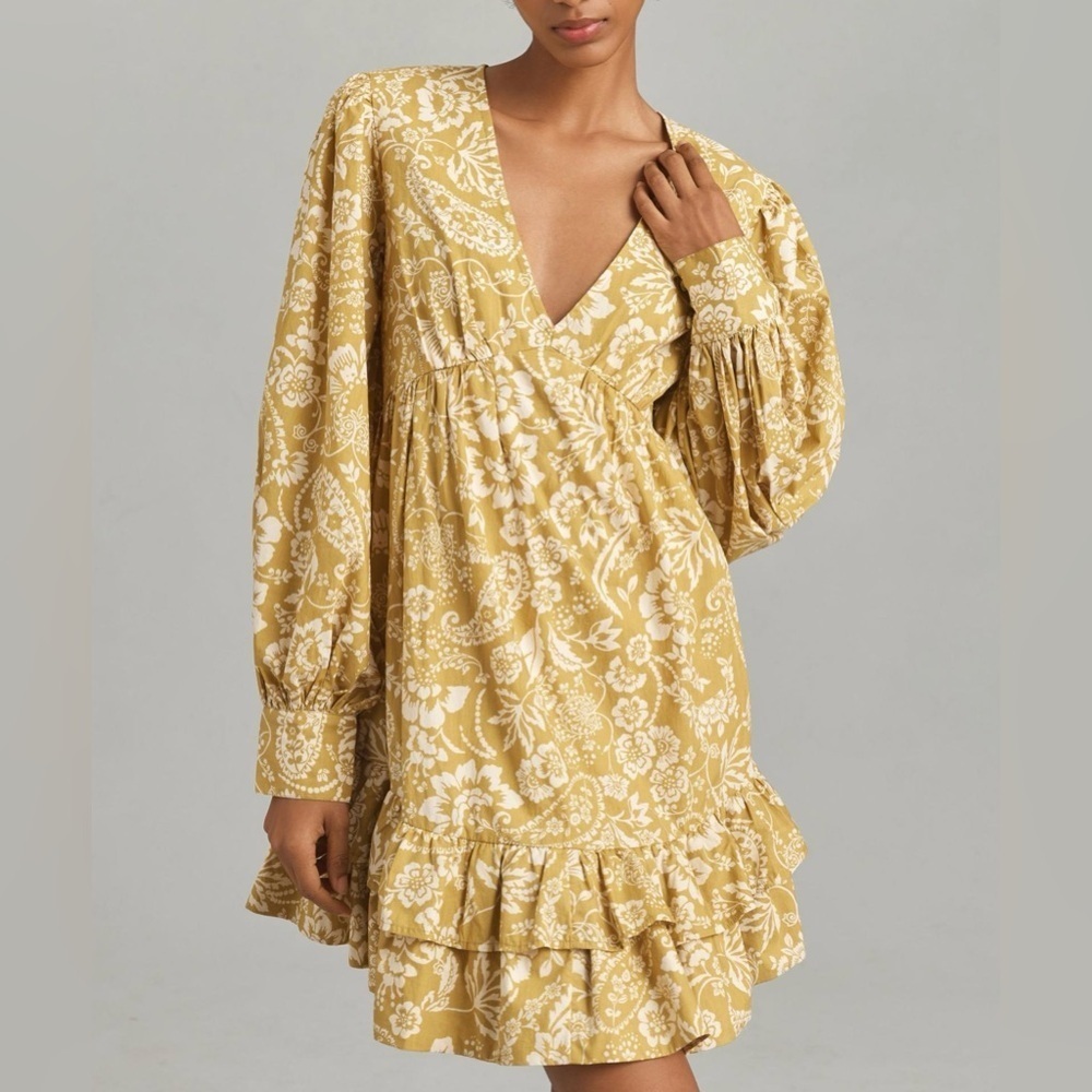 NWT Size M - Maeve Long-Sleeve V-Neck Ruffle Mini Dress